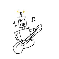 a robot with antenna holding a guitar with musical notes drawing by player-l7y4gi2bp in Artbitrator
