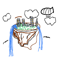 a floating island with buildings, waterfalls, and airships flying nearby drawing by player-wziu7hyks in Artbitrator