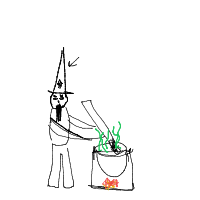 a wizard with a pointed hat stirring a cauldron with green smoke drawing by player-2k3jqakc2 in Artbitrator