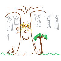 a tree with creatures and floating runes in the air drawing by player-oiegkkezb in Artbitrator