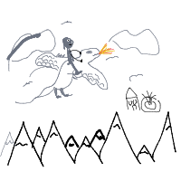 mountains, a dragon rider, fire from the dragon, and a village below drawing by player-4jfdcnhhw in Artbitrator