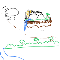 a floating island with buildings, waterfalls, and airships flying nearby drawing by player-fcx9itlcr in Artbitrator