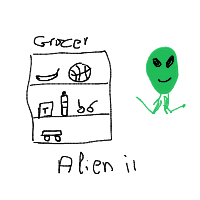 alien at grocery store drawing by guest-9ulv3h31y in Artbitrator