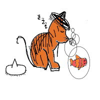 a cat with a hat dreaming about fish with a thought bubble drawing by player-g88kidckf in Artbitrator
