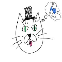 a cat with a hat dreaming about fish with a thought bubble drawing by player-pcdbezx7e in Artbitrator