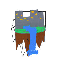 a floating island with buildings, waterfalls, and airships flying nearby drawing by player-efibgbl1y in Artbitrator