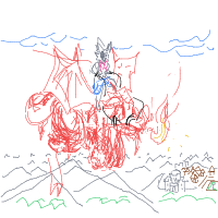 mountains, a dragon rider, fire from the dragon, and a village below drawing by player-qek2t0x74 in Artbitrator