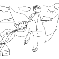 mountains, a dragon rider, fire from the dragon, and a village below drawing by player-bibnrh92n in Artbitrator