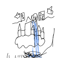 a floating island with buildings, waterfalls, and airships flying nearby drawing by player-cfwzjcaon in Artbitrator