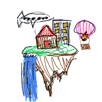 a floating island with buildings, waterfalls, and airships flying nearby drawing by player-i6hzr95qs in Artbitrator