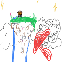 a floating island with buildings, waterfalls, and airships flying nearby drawing by player-jr2etjfky in Artbitrator