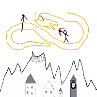 mountains, a dragon rider, fire from the dragon, and a village below drawing by player-g5d9vtt80 in Artbitrator