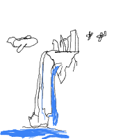 a floating island with buildings, waterfalls, and airships flying nearby drawing by player-6c1jpssco in Artbitrator