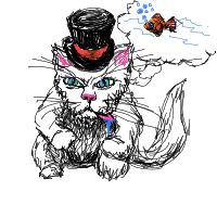 a cat with a hat dreaming about fish with a thought bubble drawing by player-udfmcddex in Artbitrator