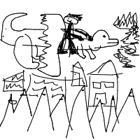 mountains, a dragon rider, fire from the dragon, and a village below drawing by player-8p7t1hqyy in Artbitrator