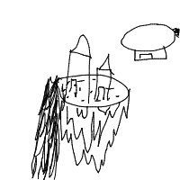 a floating island with buildings, waterfalls, and airships flying nearby drawing by player-67j2skgbh in Artbitrator