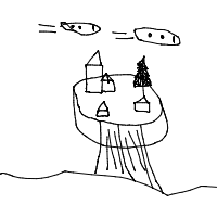 a floating island with buildings, waterfalls, and airships flying nearby drawing by player-rad0aui7m in Artbitrator