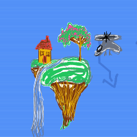 a floating island with buildings, waterfalls, and airships flying nearby drawing by player-12rmvpo2z in Artbitrator