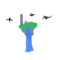 a floating island with buildings, waterfalls, and airships flying nearby drawing by player-c6t742cfl in Artbitrator