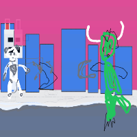 a city with a robot and monster fighting with energy blasts drawing by player-6q4a5hro3 in Artbitrator