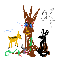 a tree with creatures and floating runes in the air drawing by player-j6qwi88op in Artbitrator