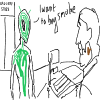 alien at grocery store drawing by gerrard_filbert in Artbitrator