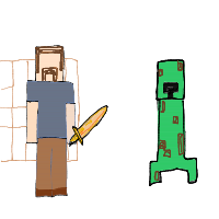 a blocky house with a person and a creeper drawing by player-e3agc2ie4 in Artbitrator