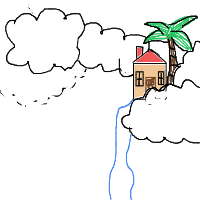 a floating island with a house and a waterfall off the edge drawing by player-l1k6wja24 in Artbitrator