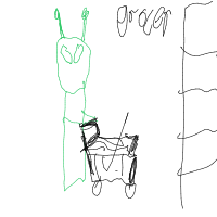 alien at grocery store drawing by bread in Artbitrator