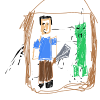 a blocky house with a person and a creeper drawing by player-a304v9msg in Artbitrator