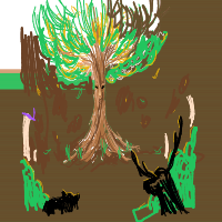 a tree with a face, animals, and glowing mushrooms drawing by player-uxb3lh63x in Artbitrator