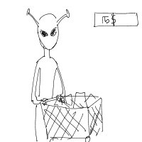 alien at grocery store drawing by oryx in Artbitrator