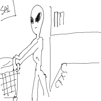 alien at grocery store drawing by noakonradbradley in Artbitrator
