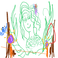 a tree with a face, animals, and glowing mushrooms drawing by player-06kxe18y0 in Artbitrator