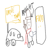 medieval knight at drive-thru drawing by cozy_treasurebox in Artbitrator